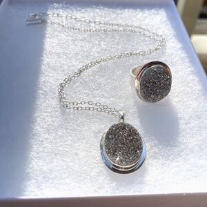 Baroni 925 Sterling Silver silver Druzy Necklace and Size 6.5 Ring Set